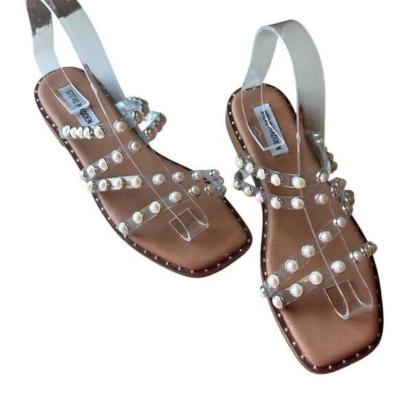 Steve Madden Skyler Sandal Tan Womens Size 8.5 Pearl Embellishment Preppy Vaca - Picture 3 of 8
